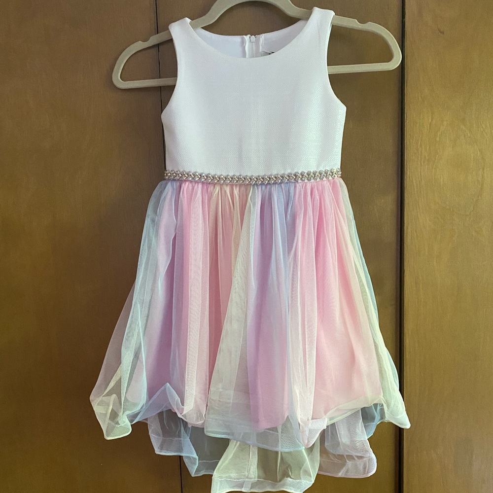 Rare editions girls size 5 white and rainbow hi-low dress
